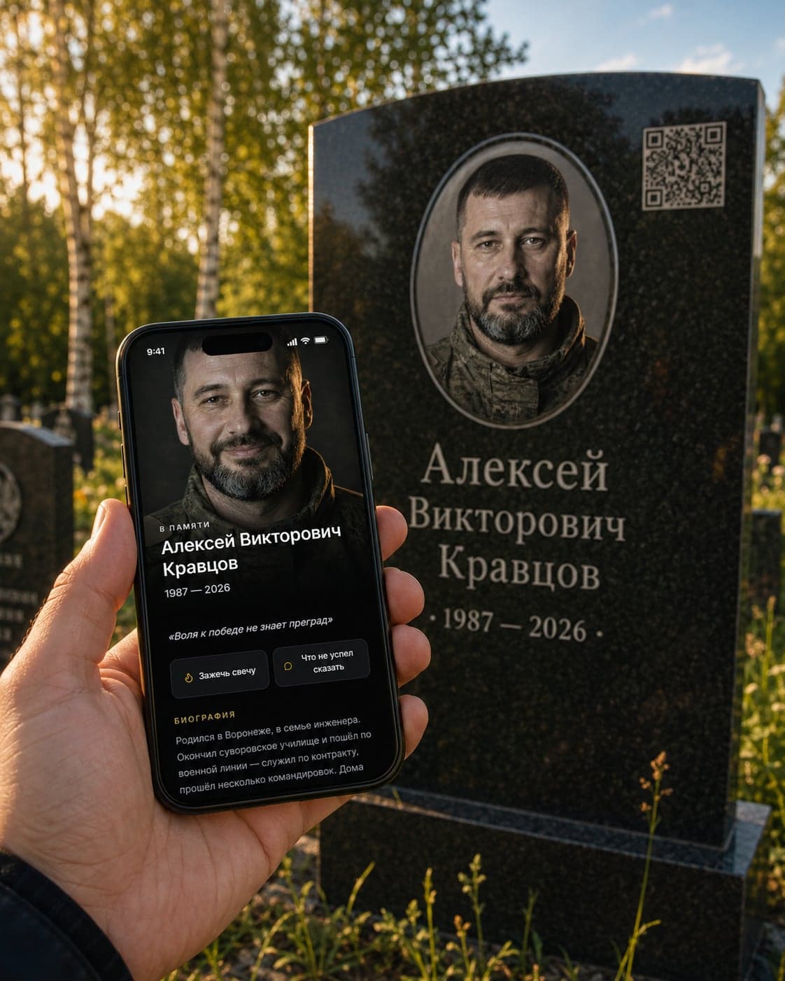 Посетитель кладбища сканирует QR-код на надгробии и читает страницу памяти на телефоне